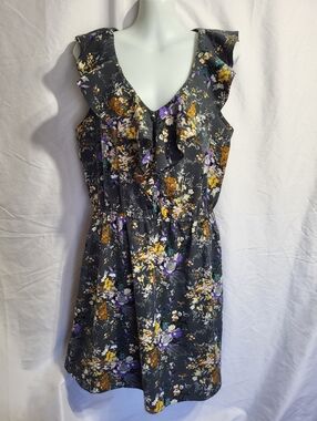 Kismet Floral Ruffle Mini Dress in Charcoal, Mustard & Purple, Size Large